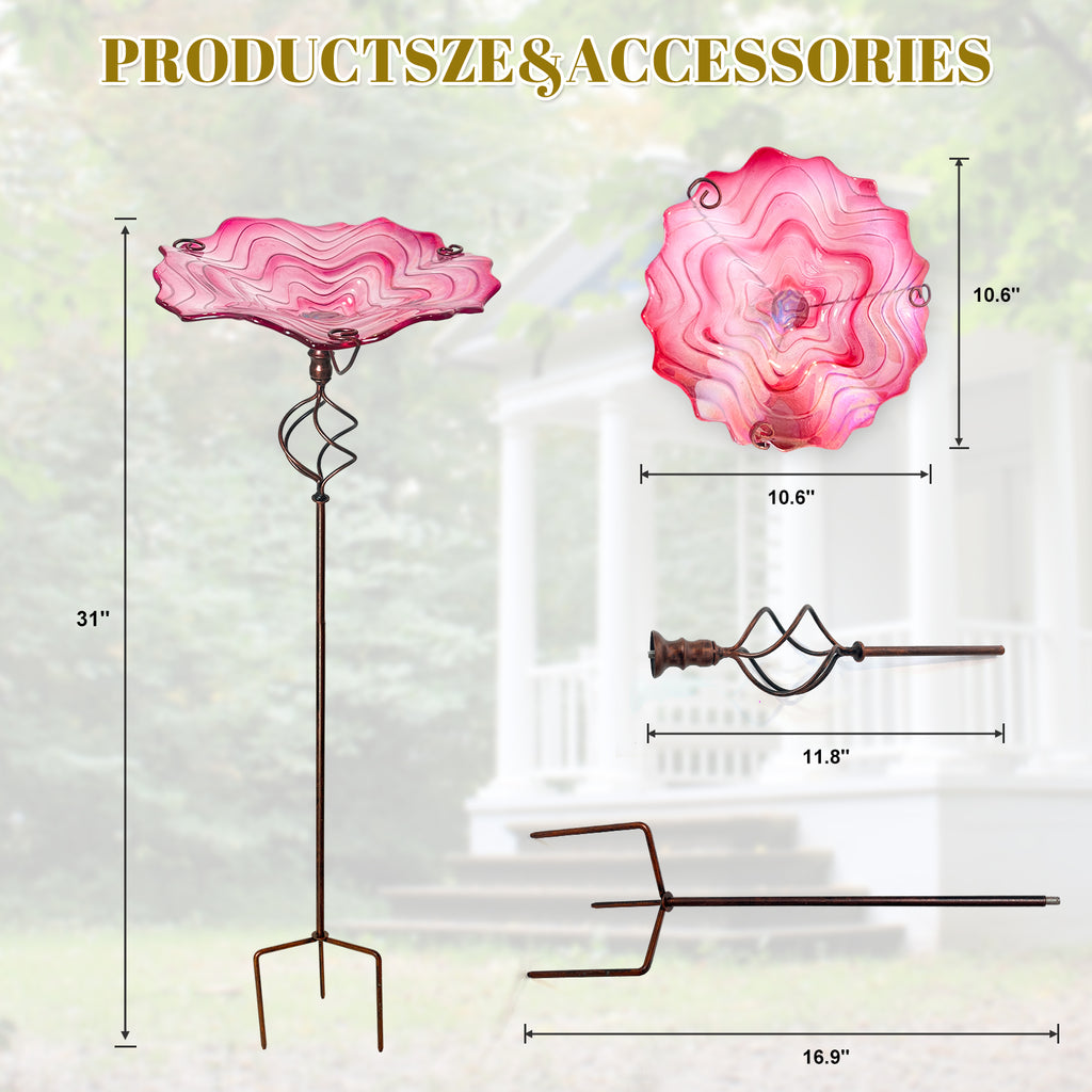 Pink Glass Metal Bird Feeder Garden Stake Decor