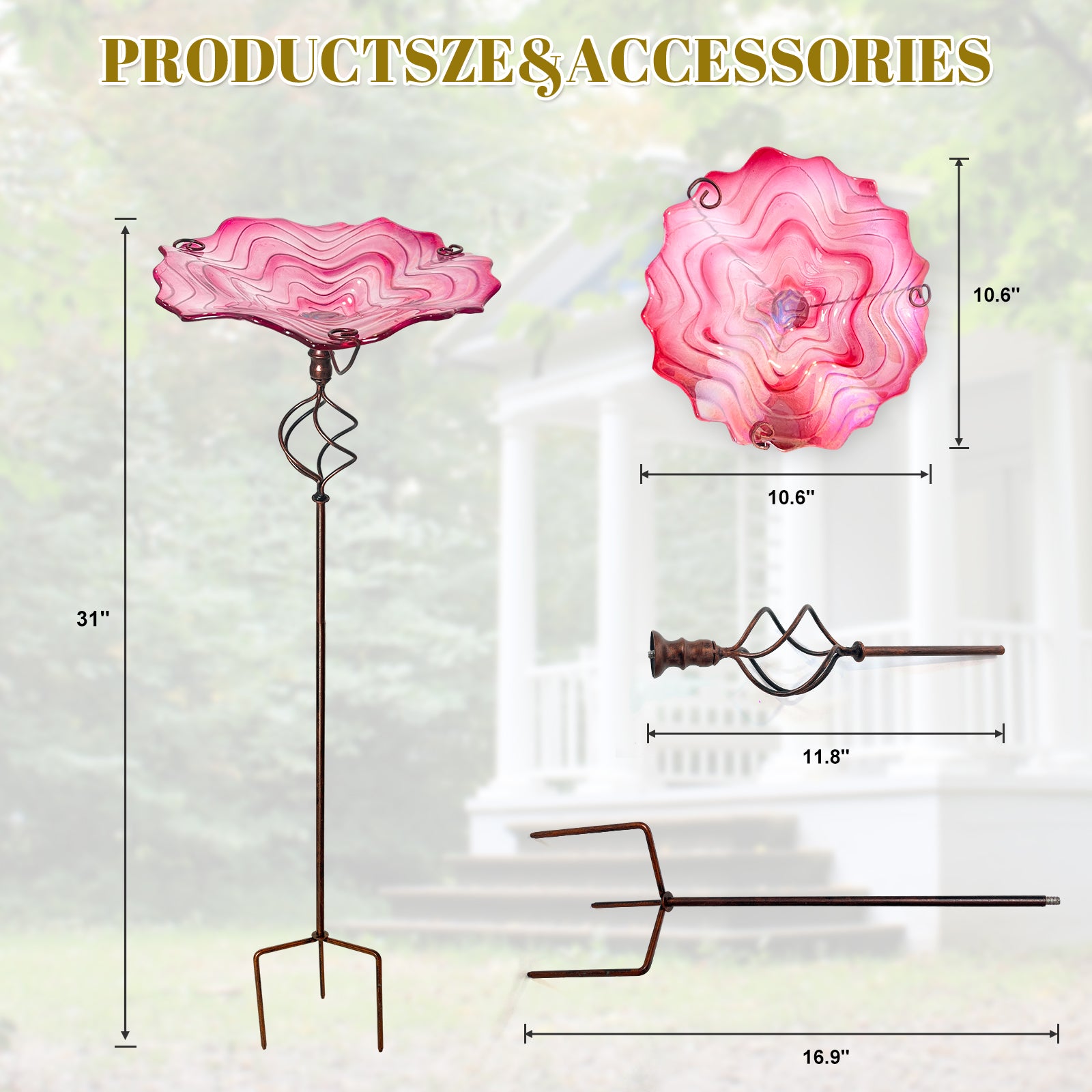 Pink Glass Metal Bird Feeder Garden Stake Decor