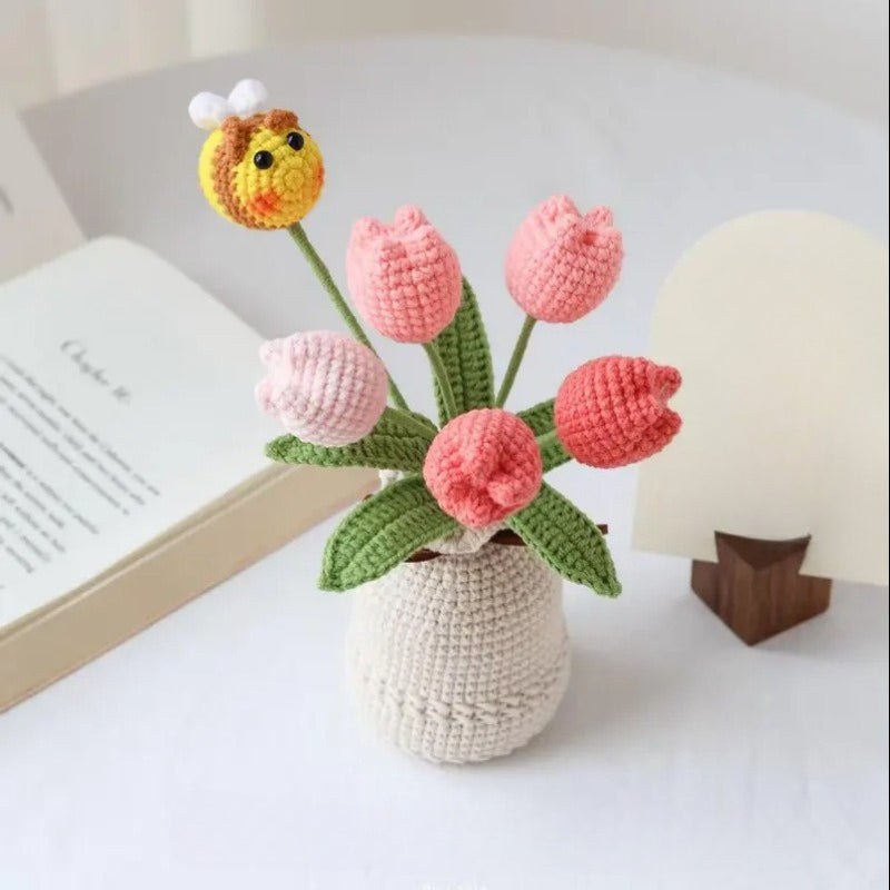 Handmade Crochet Tulip Flower Vase Bee Floral Decor