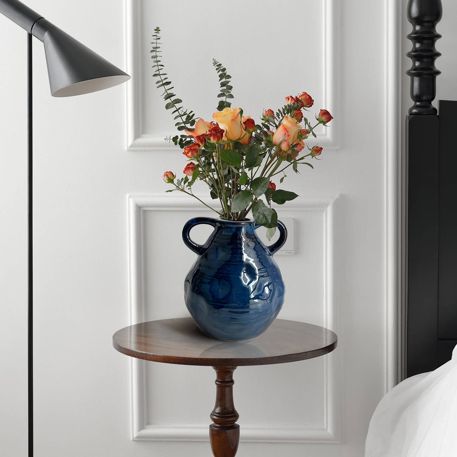 Blue Ceramic Double Handle Vase for Home Decoration