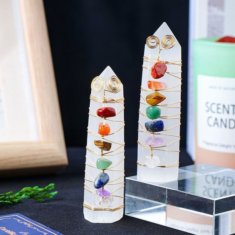 Crystal Stone Column Decor with Colorful Chips and Metal Wire