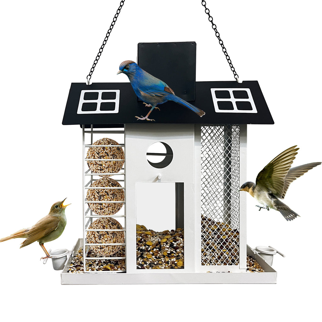Solar Metal Bird Feeder House Black White Outdoor Decor