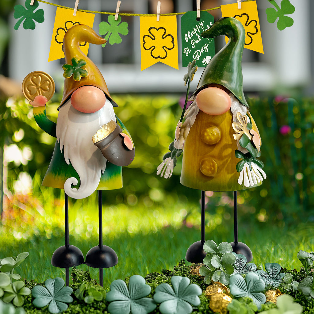 St Patrick Day Metal Gnome Statue Set of 2 Outdoor Yard Decor