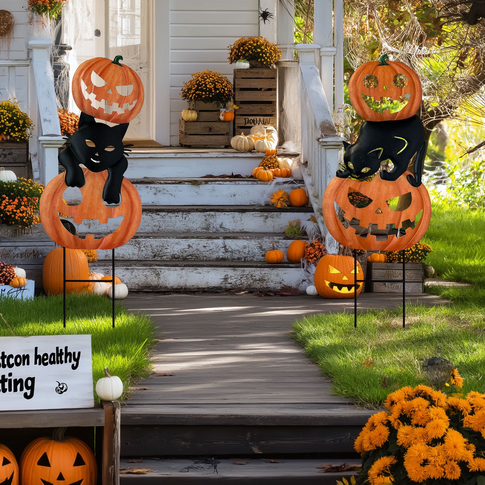 Halloween Pumpkin Cat Garden Stakes Lighted Outdoor Decor