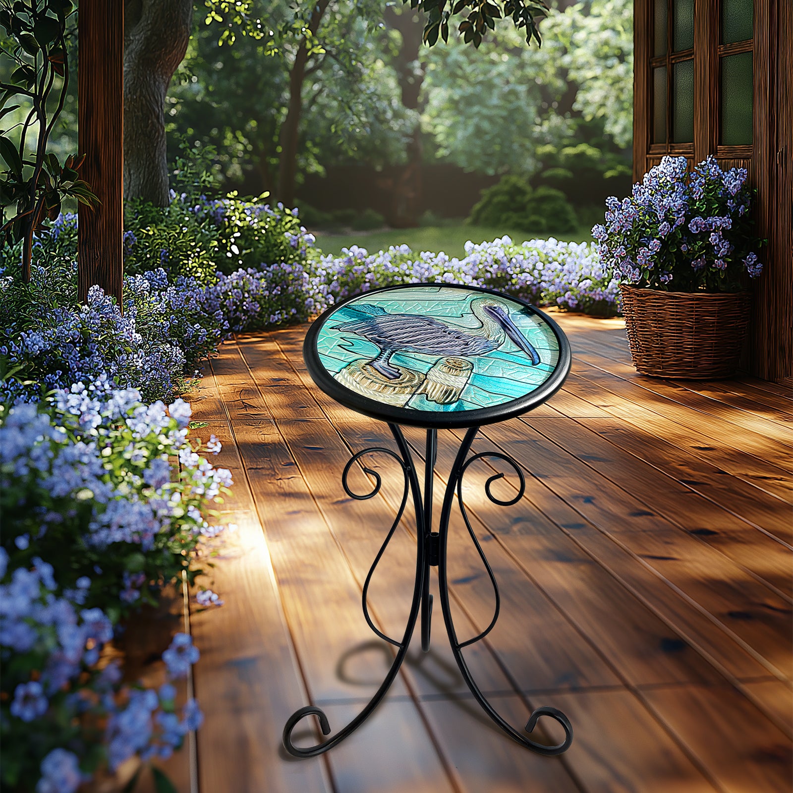 Outdoor Garden Glass Side Table with Pelican Design
