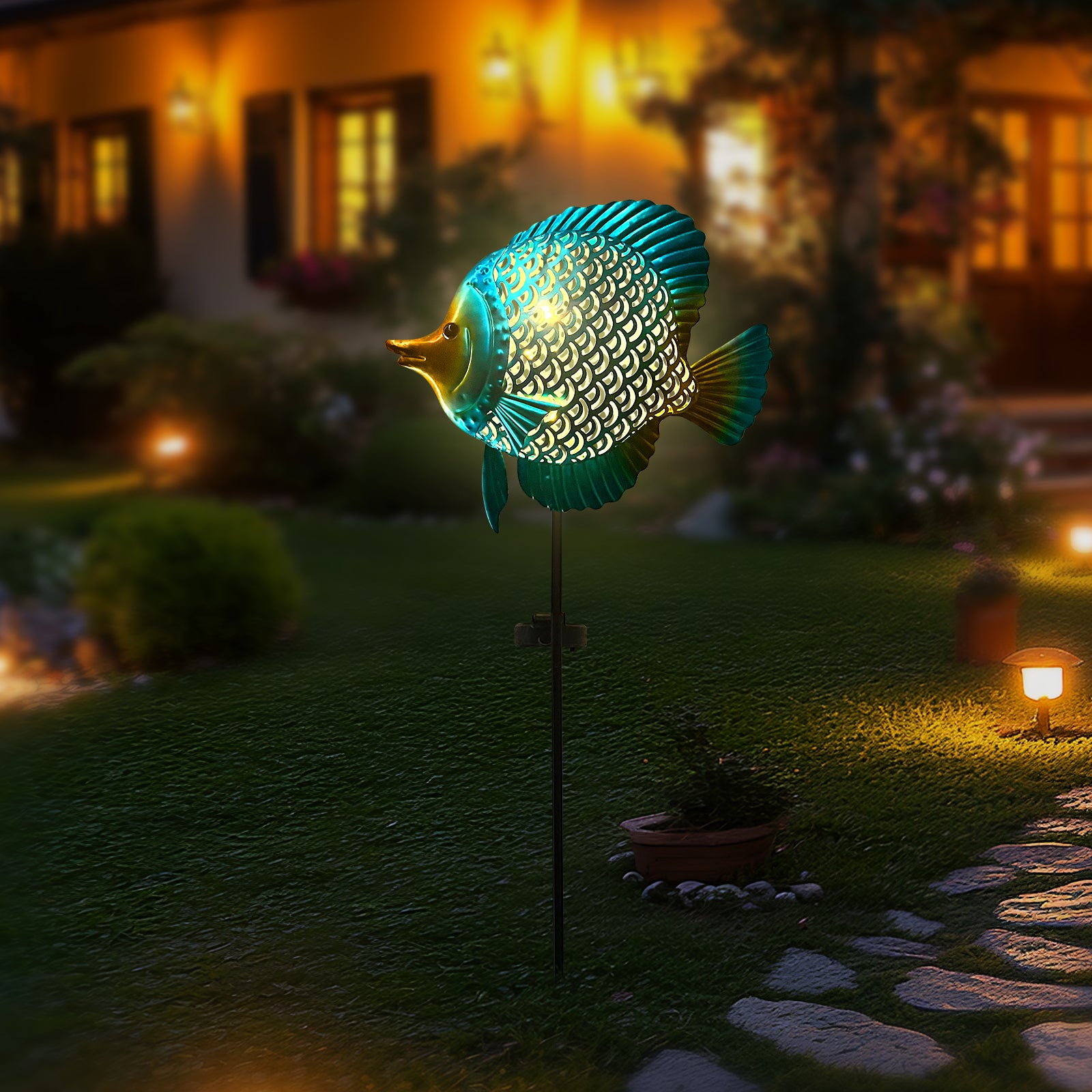 Solar Metal Fish Garden Stake Light 36 Inch Outdoor Decor