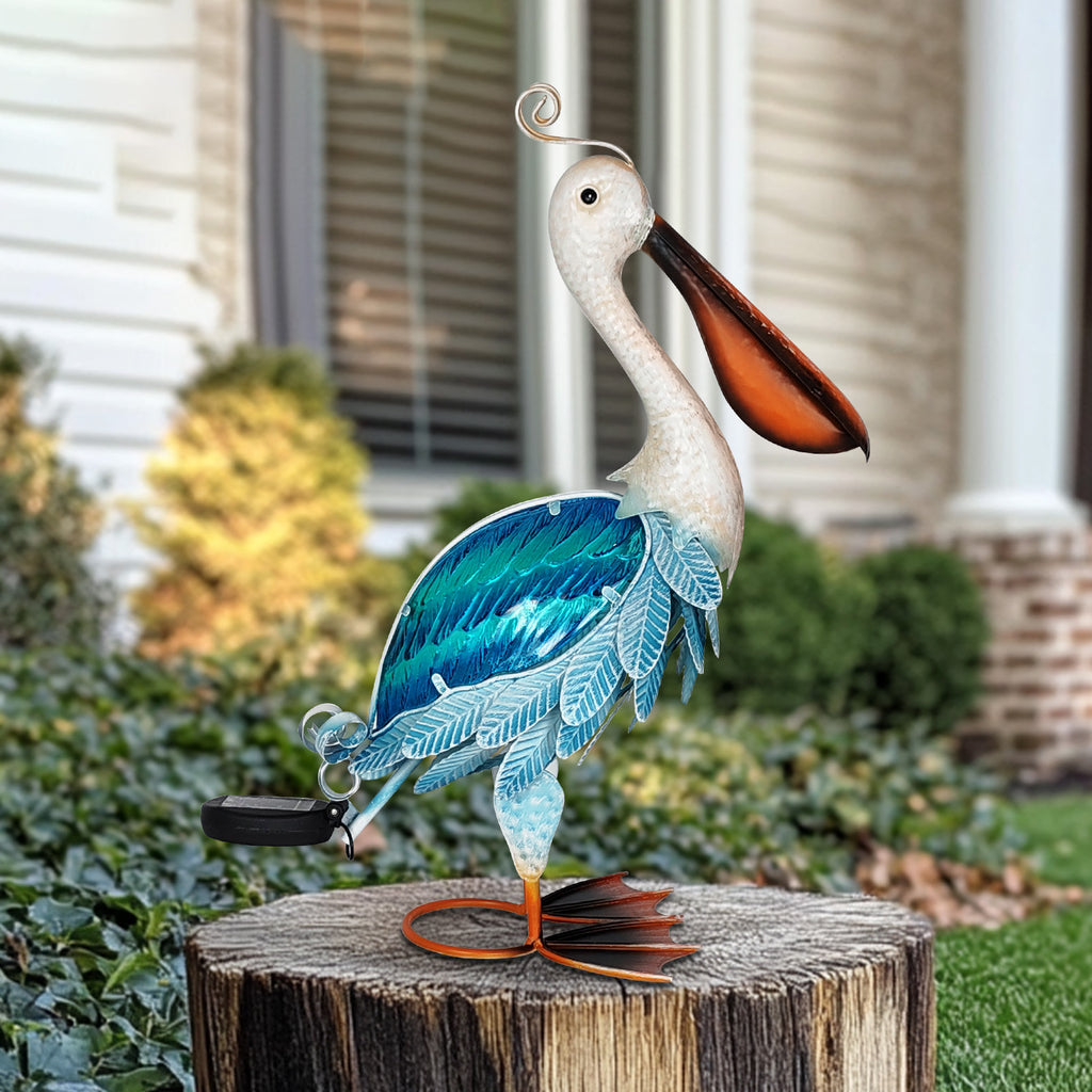 Blue Solar Metal Glass Pelican Garden Statue 19in