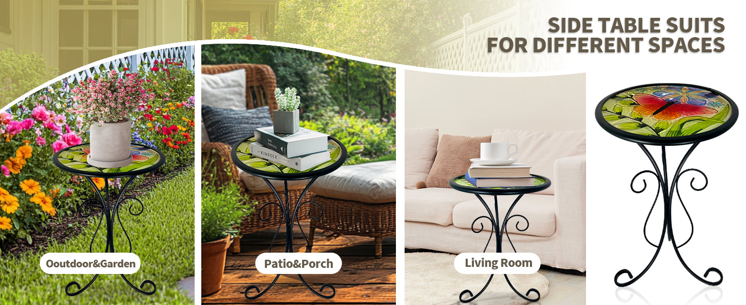 Butterfly Metal Glass Side Table 12in for Garden & Patio