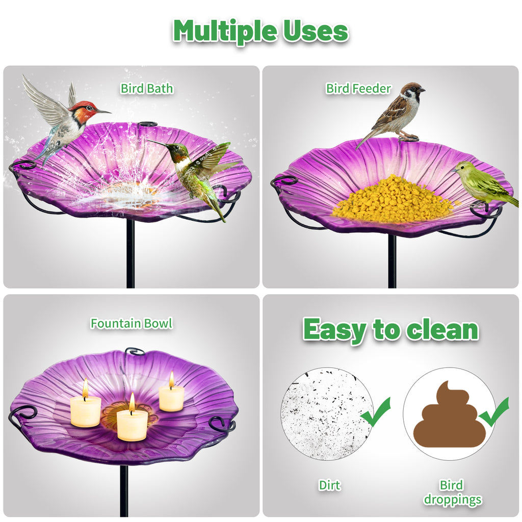Purple Glass Flower Bird Bath Feeder Garden Stake