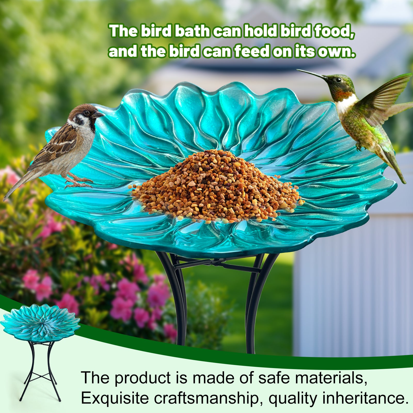 Green Glass Bird Bath with Metal Stand Garden Decor