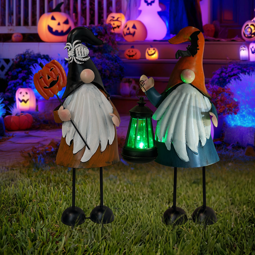 Solar Halloween Gnome Yard Decor Metal Lighted Set of 2