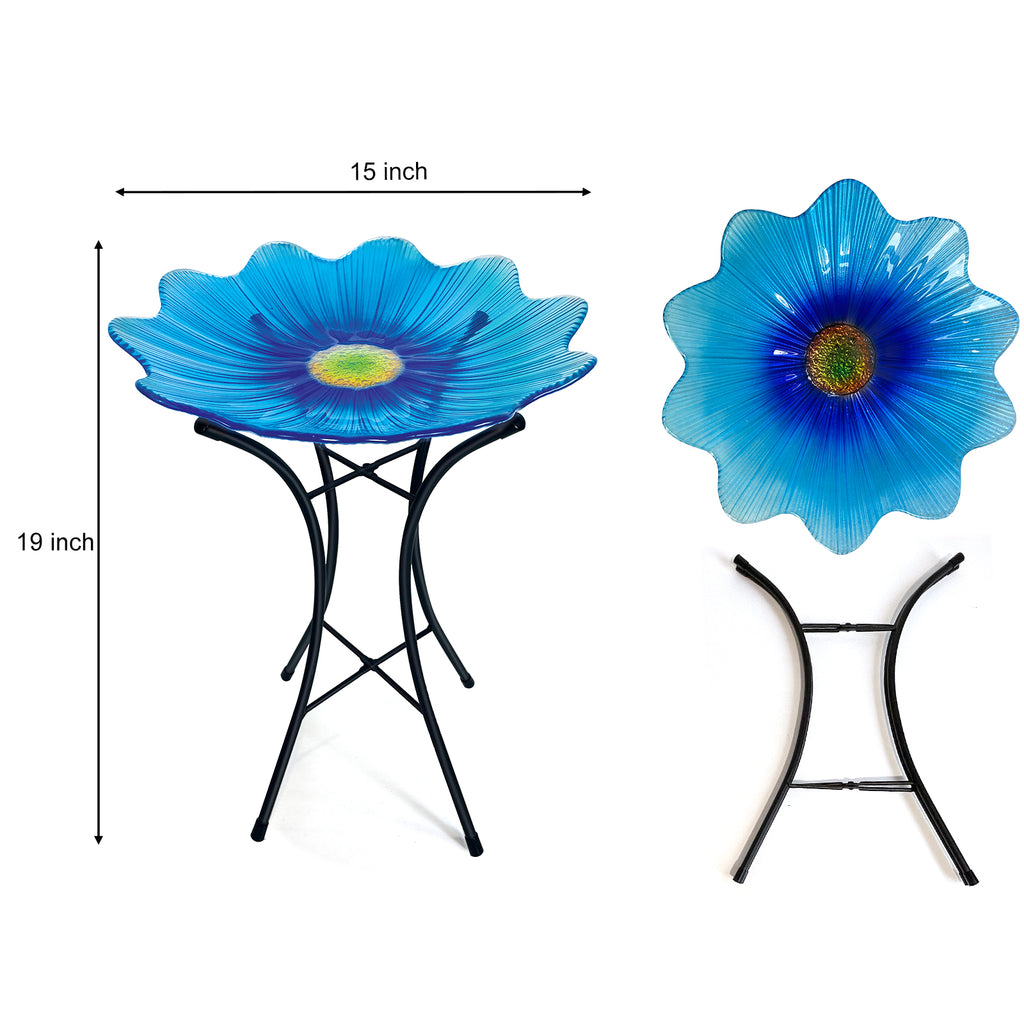 Blue Glass Bird Bath with Metal Stand Garden Decor