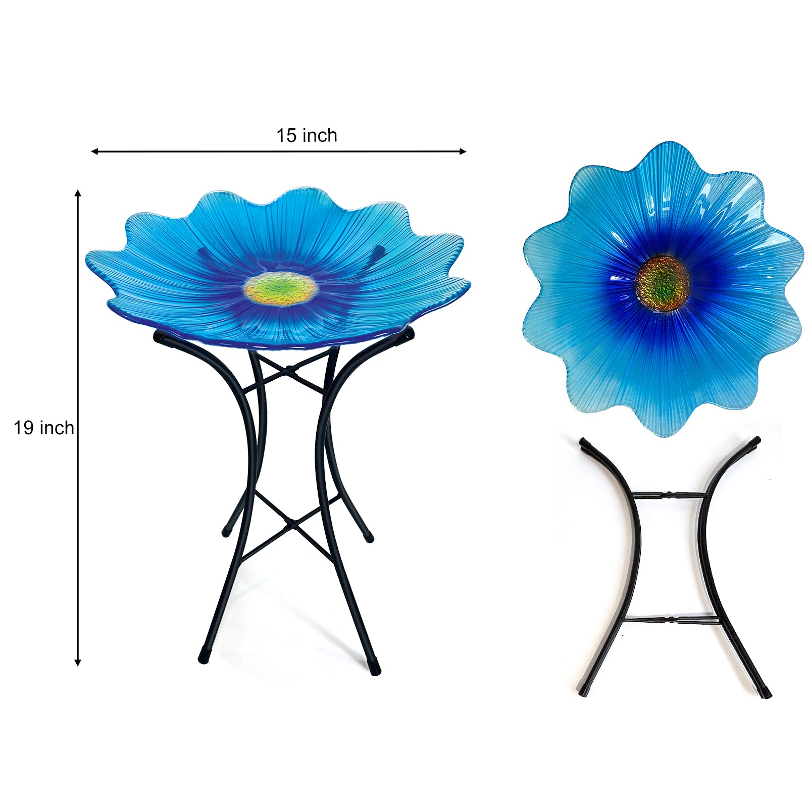 Blue Glass Bird Bath with Metal Stand Garden Decor
