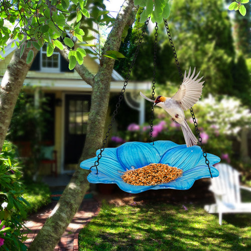 Blue Glass Hanging Bird Feeder Garden Outdoor Decor