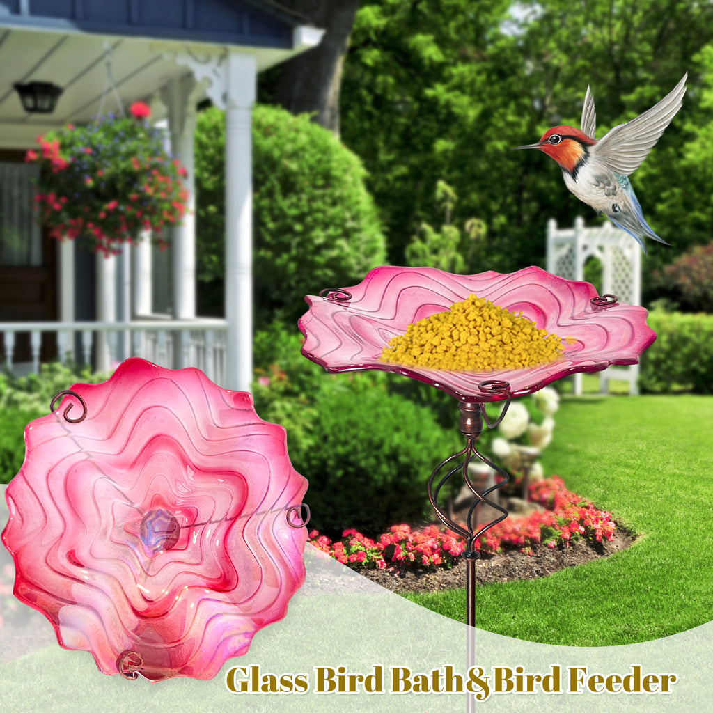 Pink Glass Metal Bird Feeder Garden Stake Decor