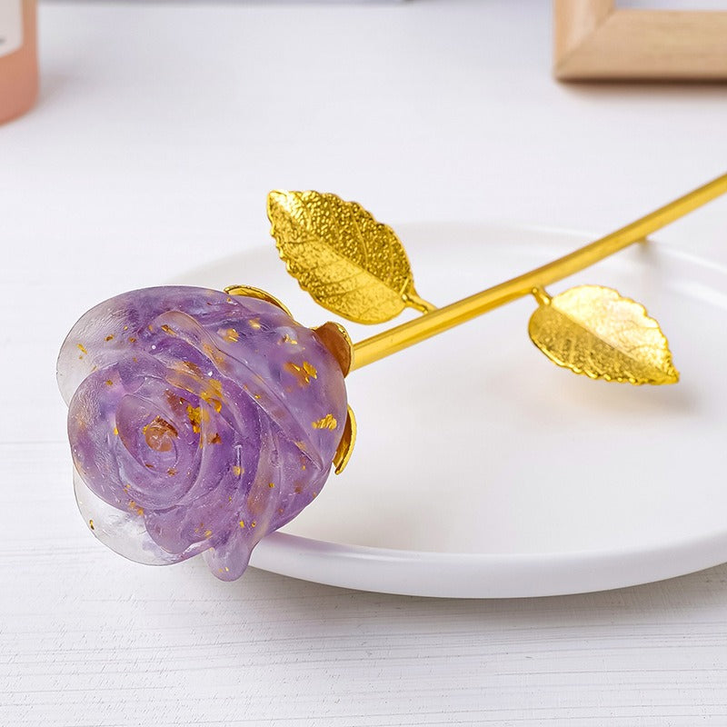 Resin Crystal Stone Flower Stem Decor with Metal Leaves