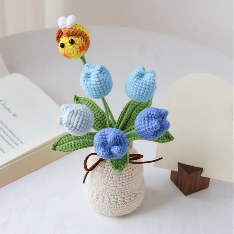 Handmade Crochet Tulip Flower Vase Bee Floral Decor