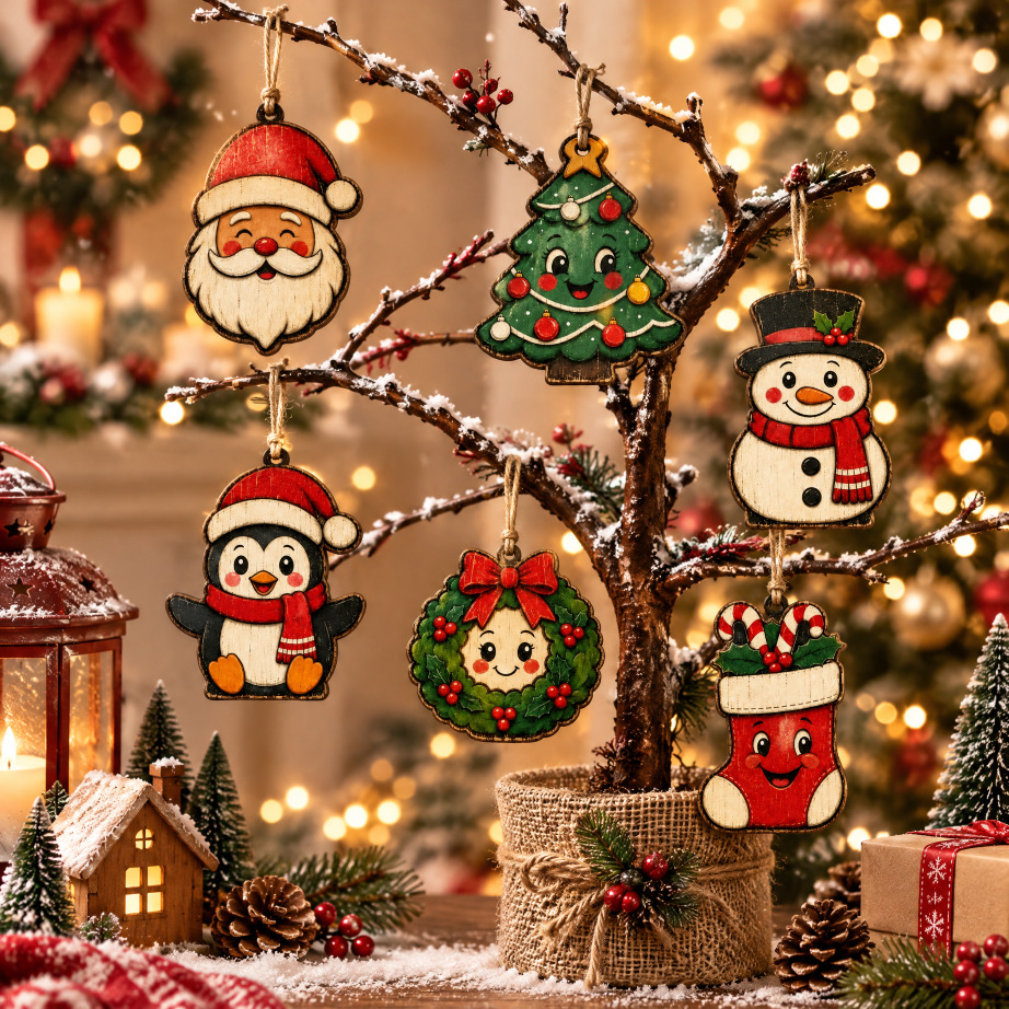 Christmas Wooden Hanging Ornament Set Holiday Decor