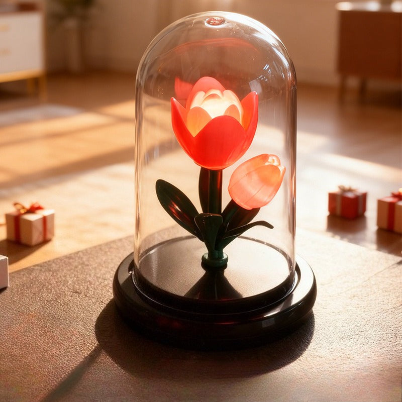 Glass Dome Flower Night Light Battery Powered LED Lamp