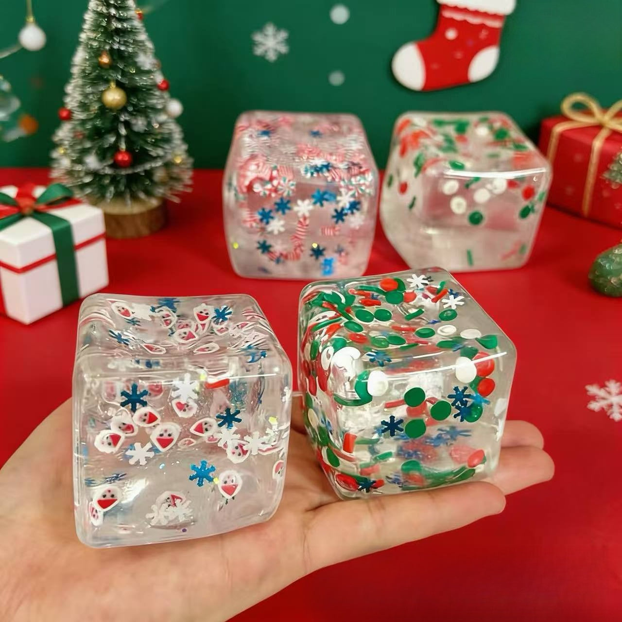 Christmas Ice Cube Squishy Clear Glitter Stress Toy