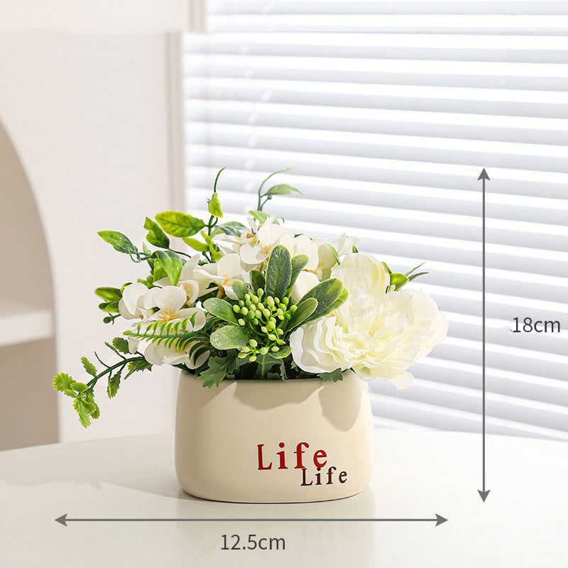 Faux Flower Pot Arrangement Ceramic Planter Decor