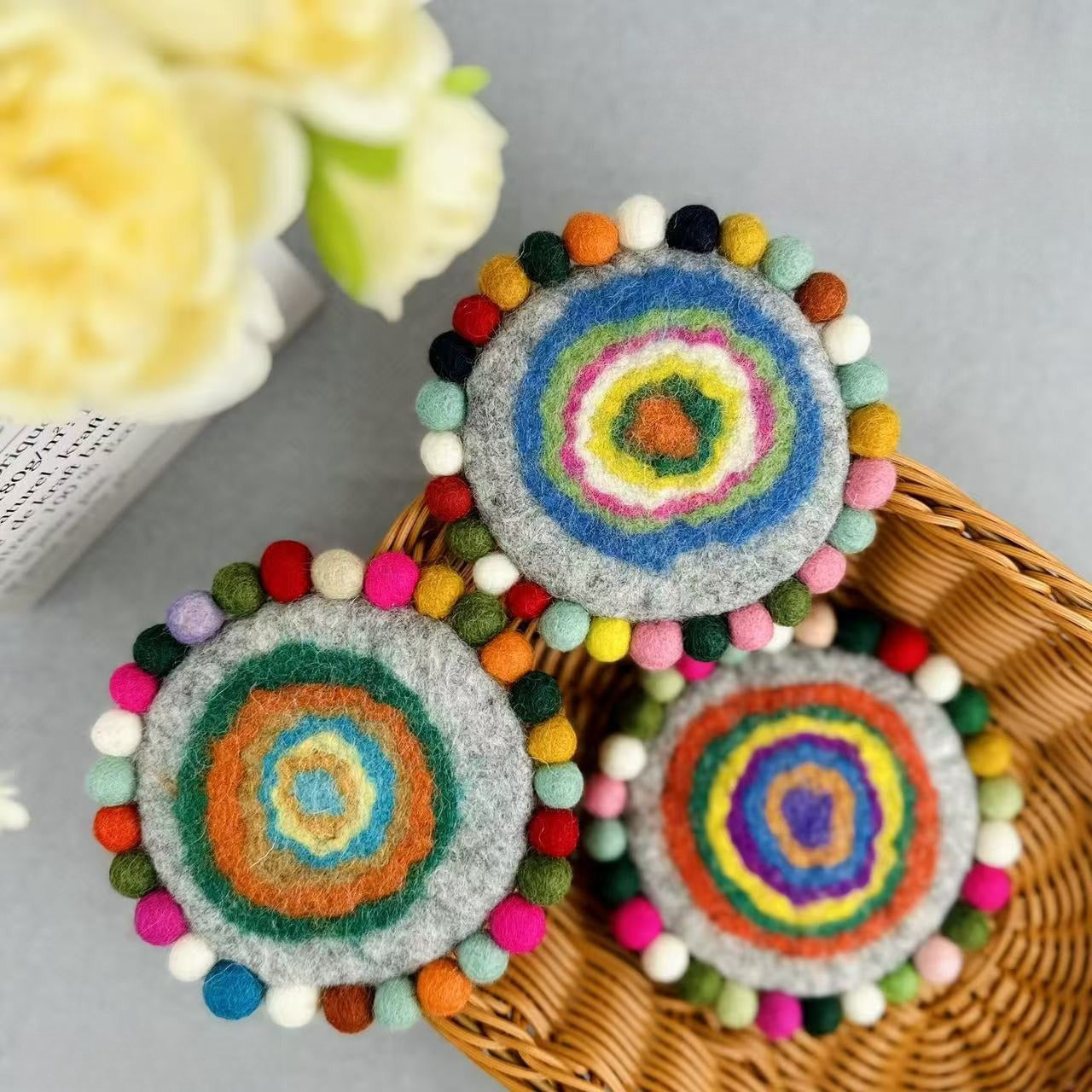 Handmade Felt Coaster Set Wool Dye Round Coasters Hot Pad Table Decor