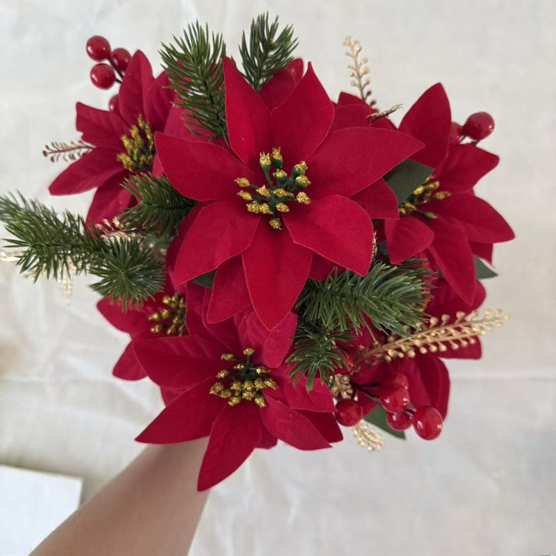 Artificial Poinsettia Christmas Flower Arrangement with Pine Berry Accents