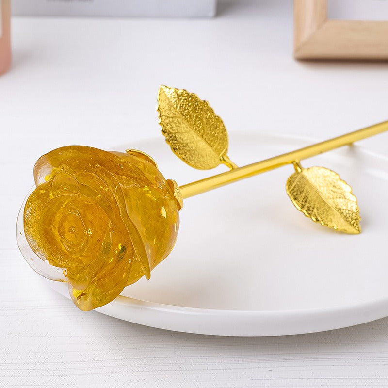 Resin Crystal Stone Flower Stem Decor with Metal Leaves