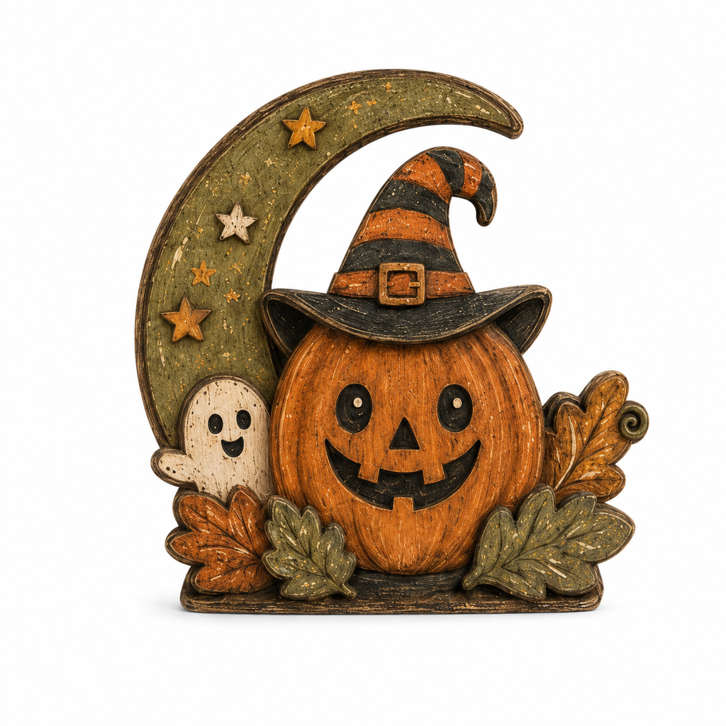 Halloween Wooden Table Decor Pumpkin Moon Animal Display