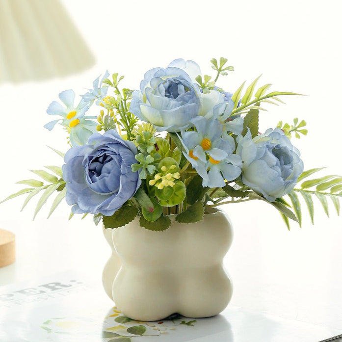Faux Rose Flower Arrangement Ceramic Bubble Pot Decor