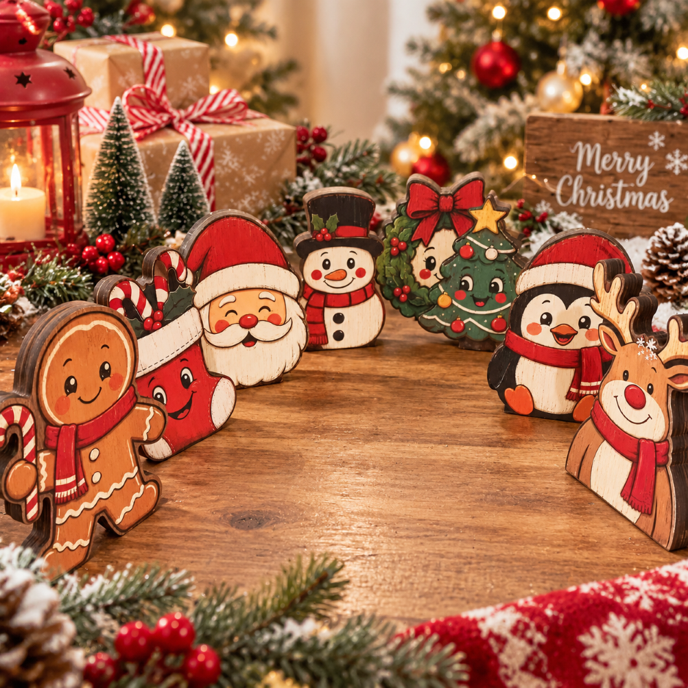 Wooden Christmas Tabletop Decor Double Sided Printed Holiday Figurine