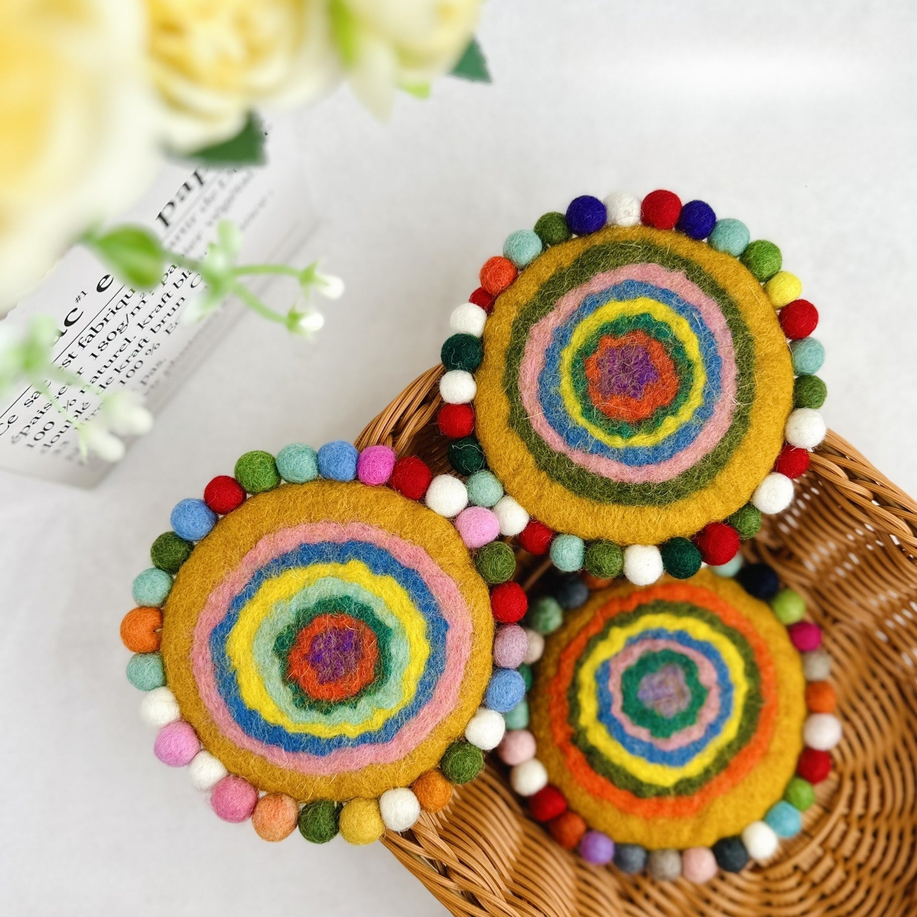 Handmade Felt Coaster Set Wool Dye Round Coasters Hot Pad Table Decor
