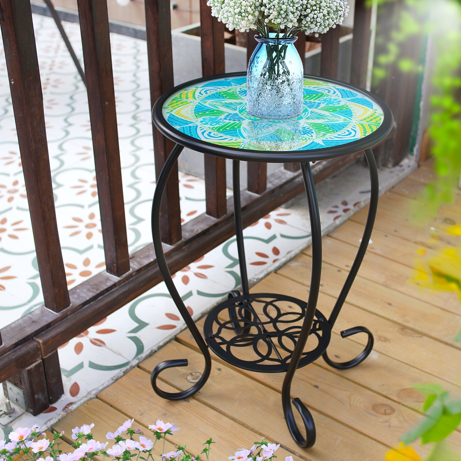 Mandala Mosaic Glass Side Table 14 Inch Metal Frame Outdoor Indoor