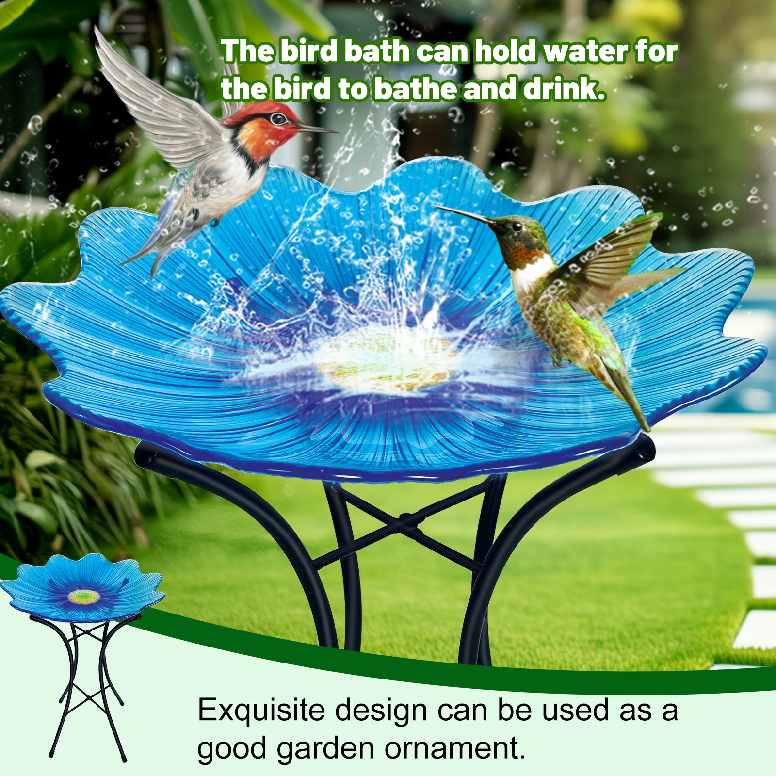 Blue Glass Bird Bath with Metal Stand Garden Decor