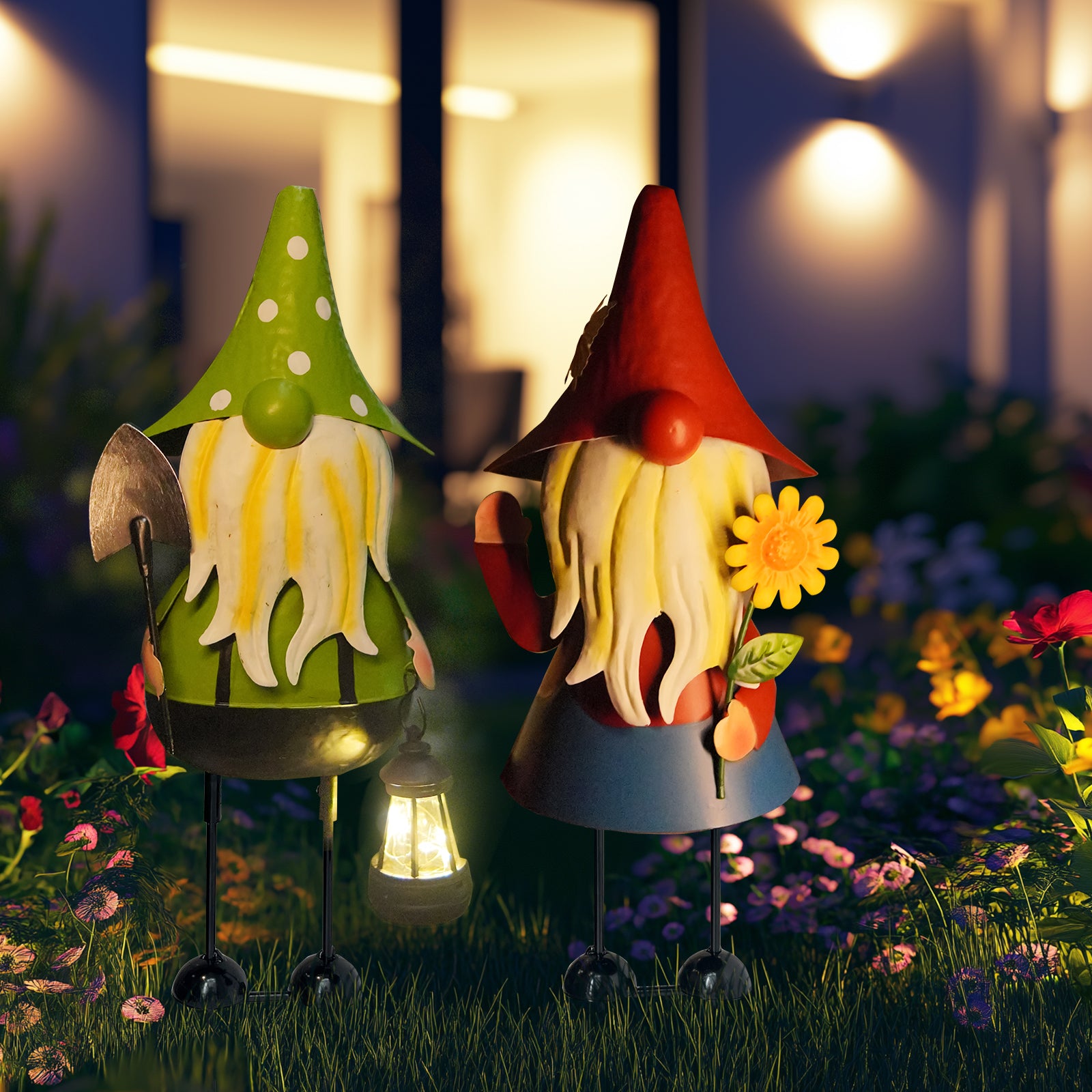 Solar Metal Garden Gnome Statue Set of 2 Outdoor Yard Decor