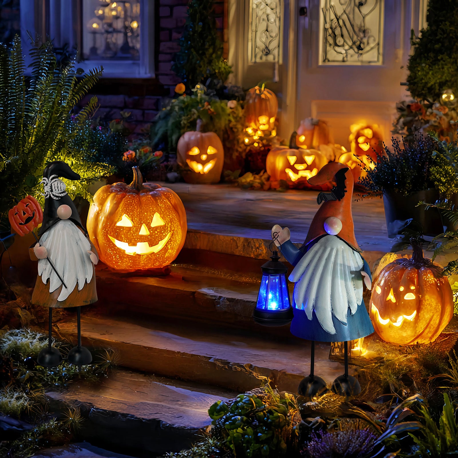 Solar Halloween Gnome Yard Decor Metal Lighted Set of 2