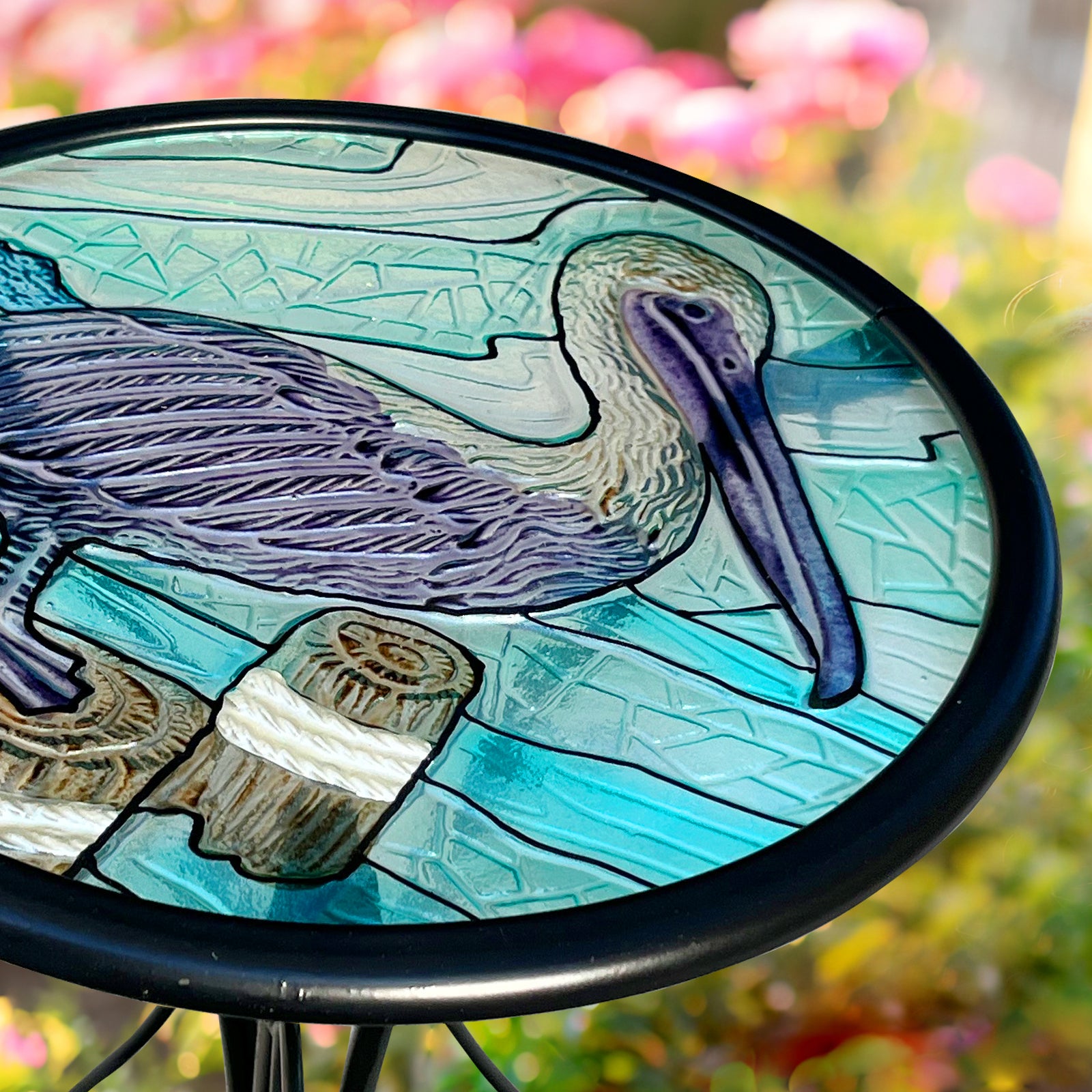 Outdoor Garden Glass Side Table with Pelican Design