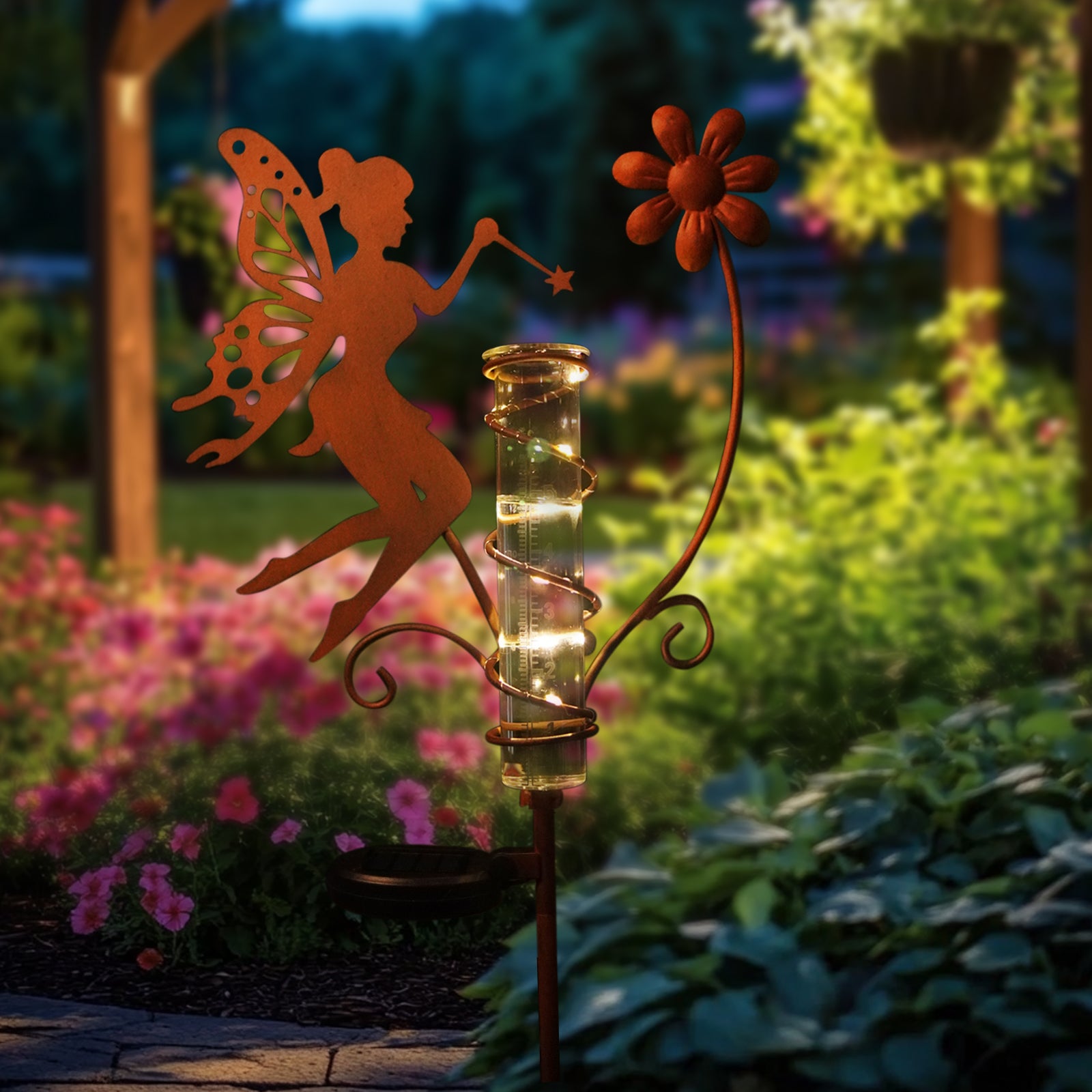 Solar Fairy Rain Gauge Garden Stake Outdoor Decor