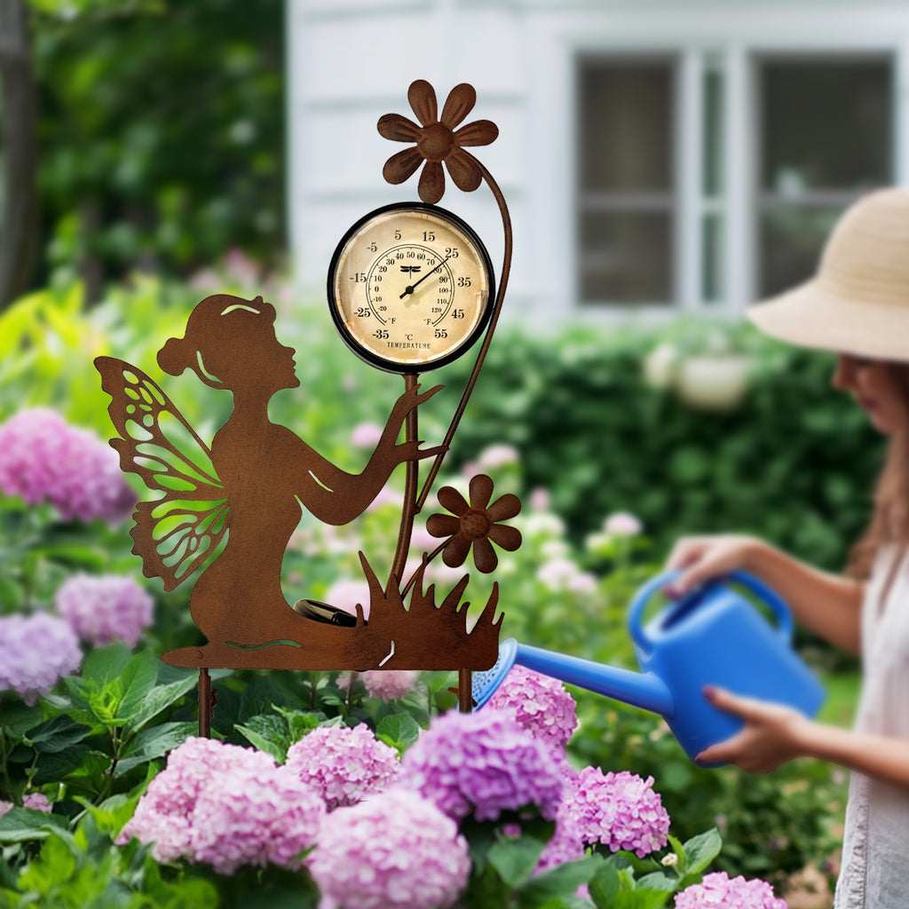 Solar Fairy Thermometer Garden Stake Outdoor Decor
