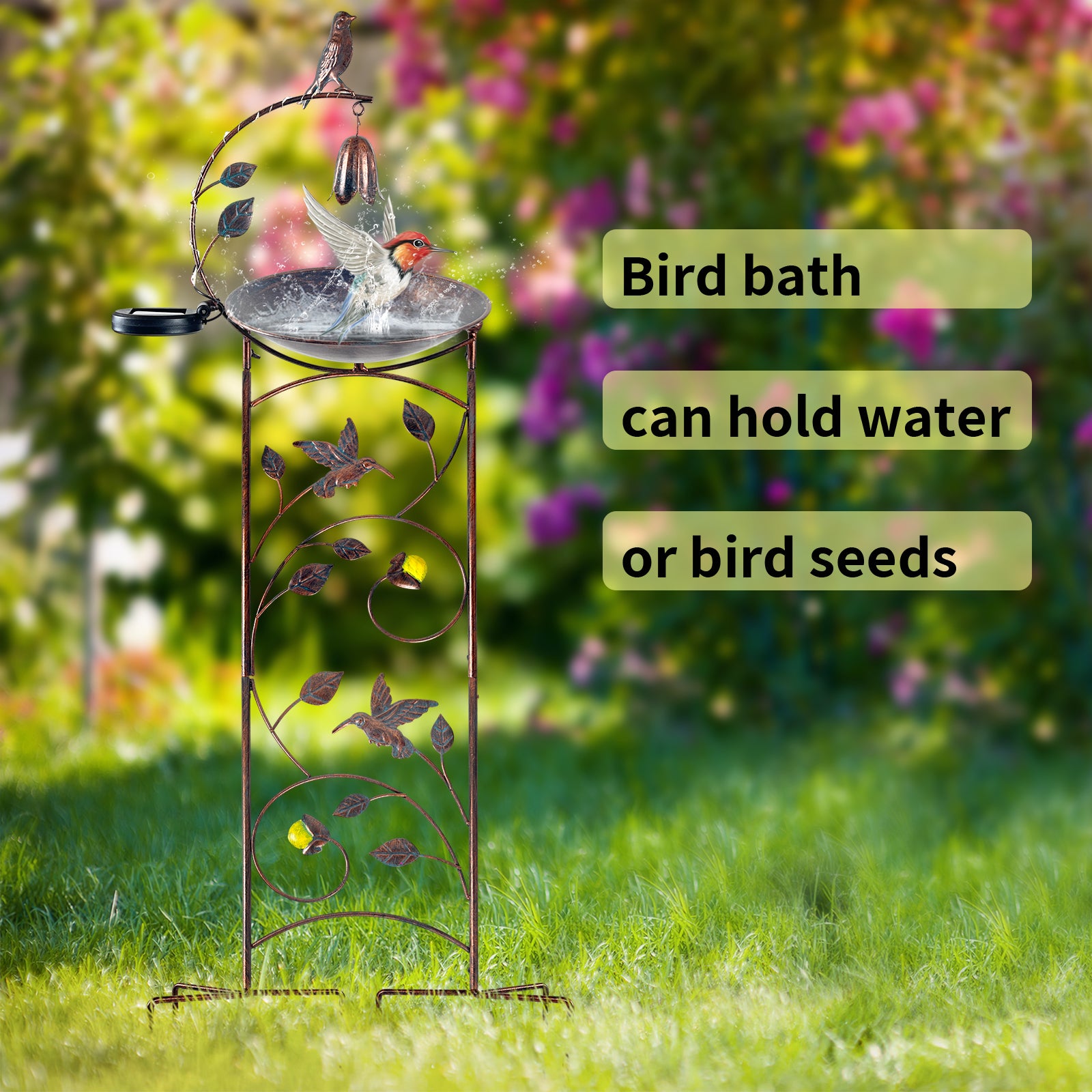 Antique Bronze Solar Bird Bath with Bell Garden Stake