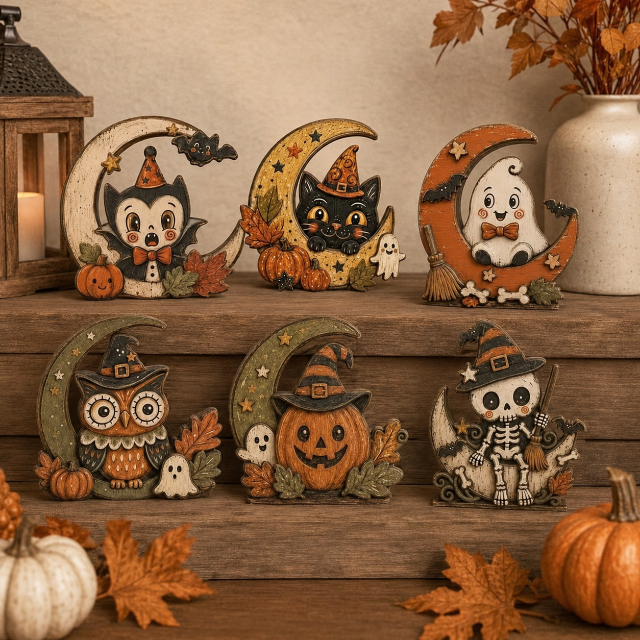Halloween Wooden Table Decor Pumpkin Moon Animal Display