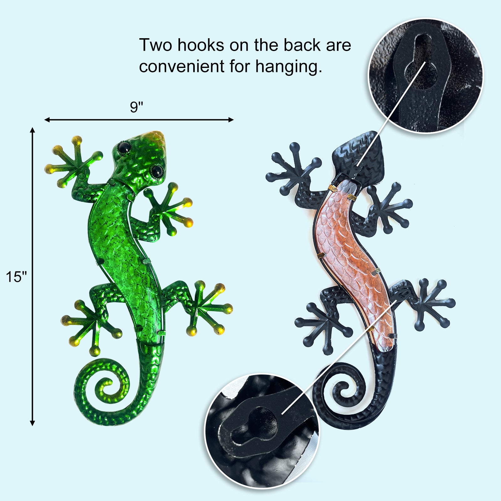 Metal Wall Lizard Decor Set of 2 Green and Orange Outdoor Art