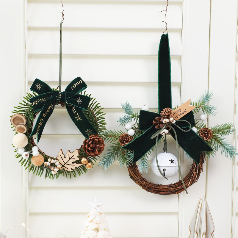 Christmas Mini Wreath Velvet Bow Pinecone Bell Ornament