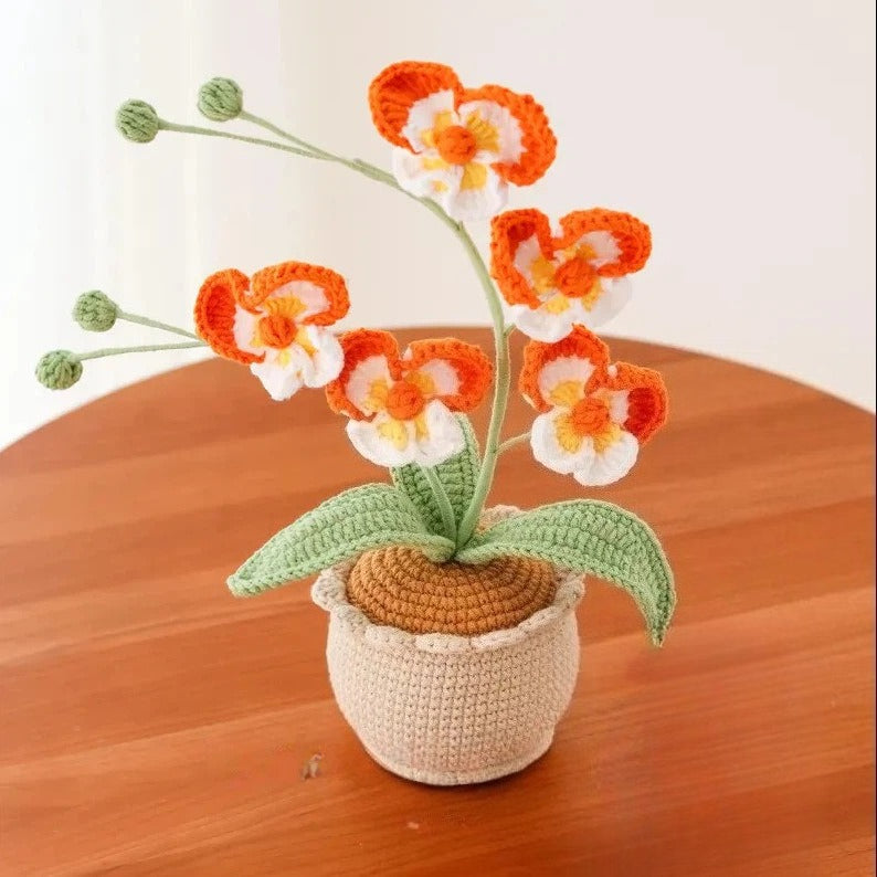 Crochet Butterfly Orchid Flower Pot Handmade Desk Decor
