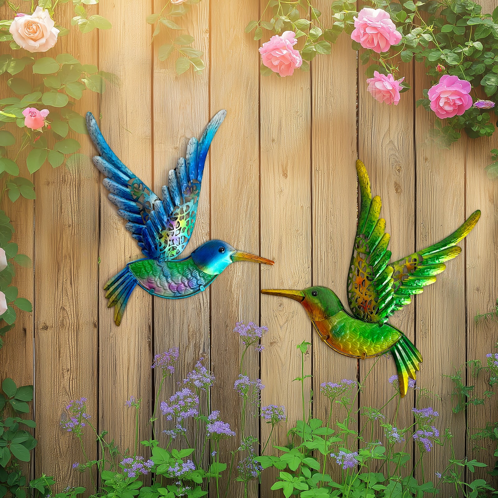 Outdoor Metal Hummingbird Wall Art Glass Garden Decor Set