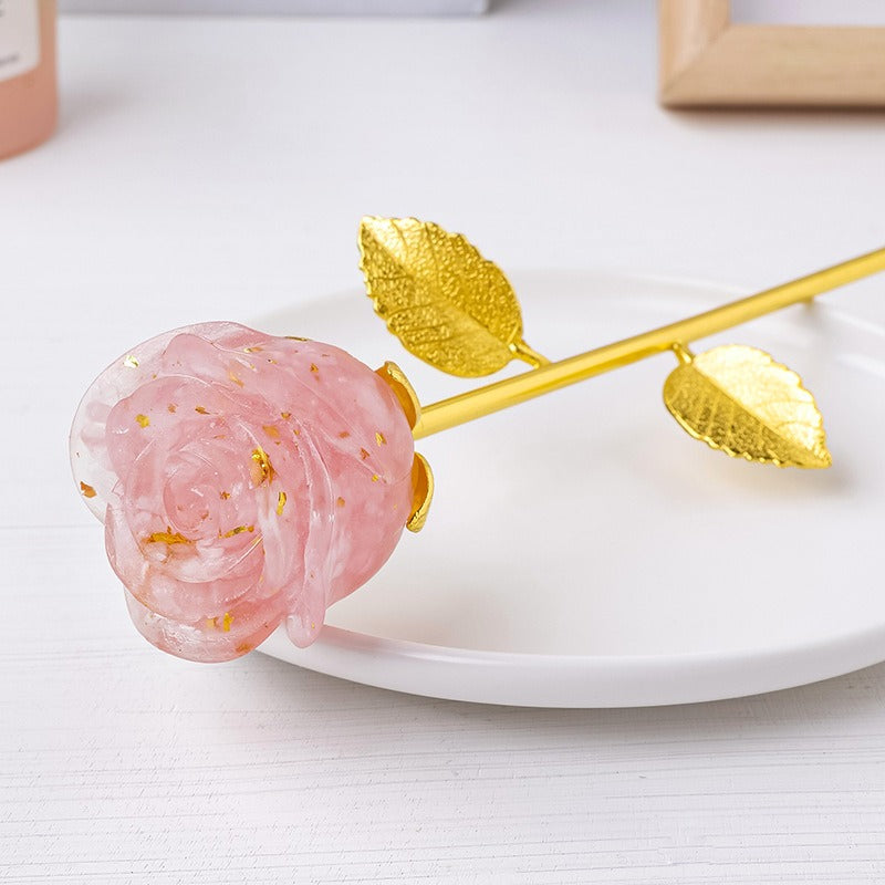 Resin Crystal Stone Flower Stem Decor with Metal Leaves