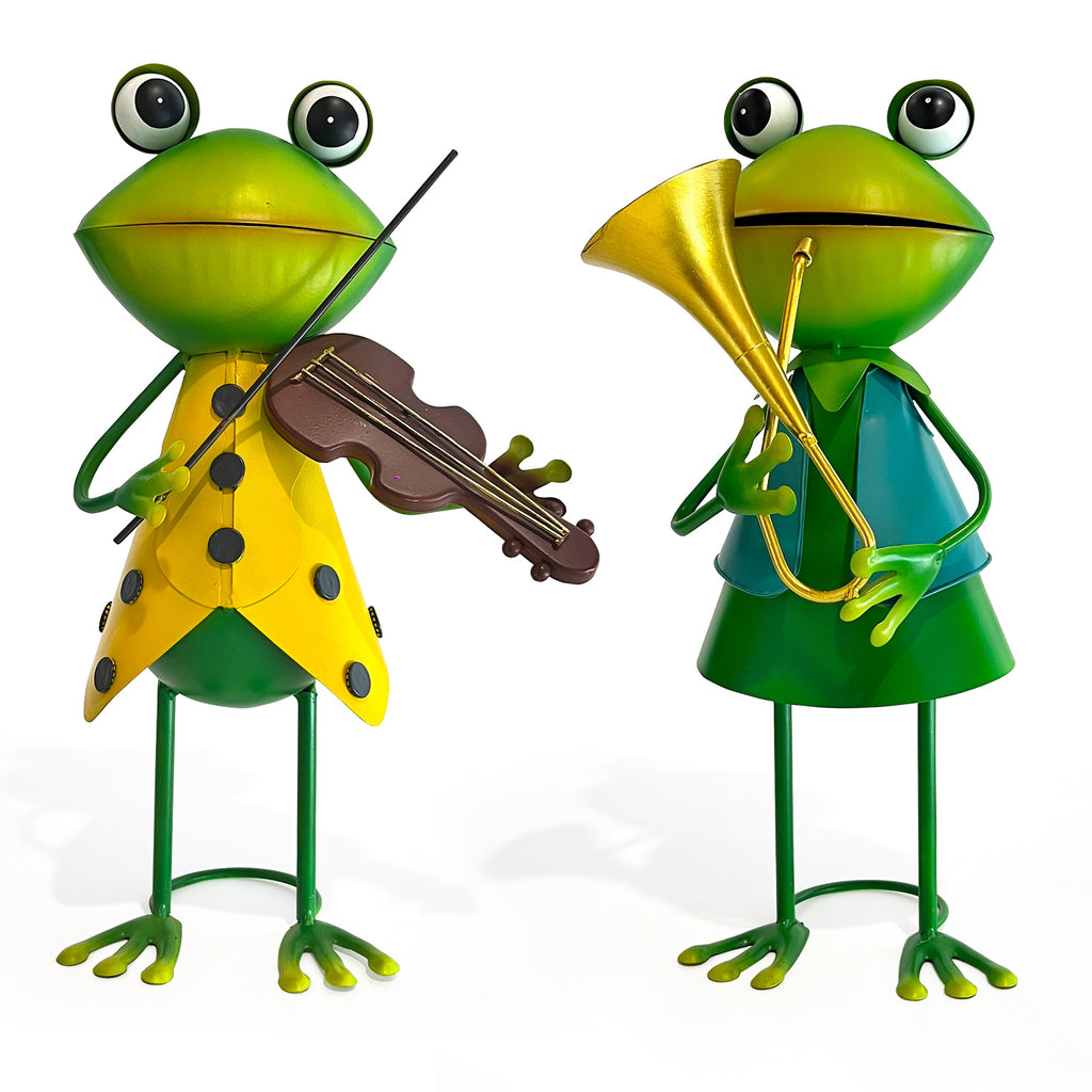Metal Frog Musician Statue Set of 2 Garden Yard Decor 15 Inch