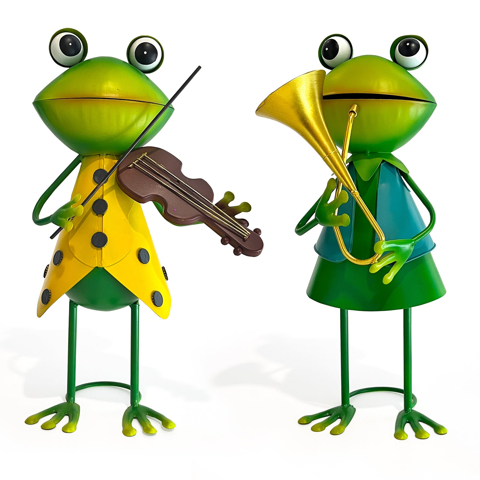 Metal Frog Musician Statue Set of 2 Garden Yard Decor 15 Inch
