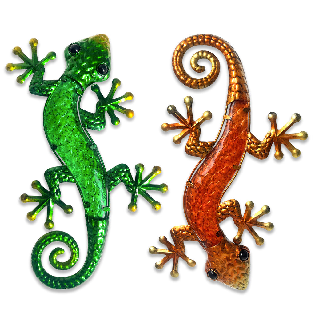 Metal Wall Lizard Decor Set of 2 Green and Orange Outdoor Art
