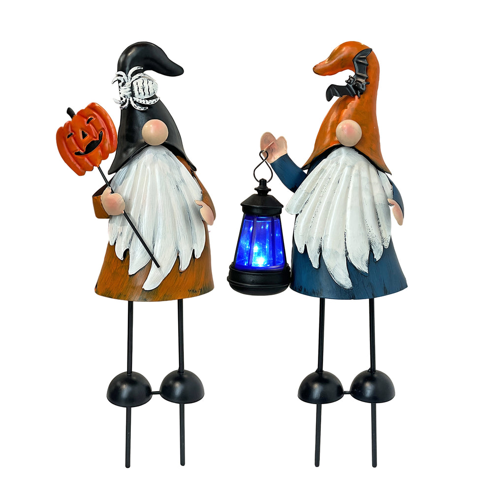 Solar Halloween Gnome Yard Decor Metal Lighted Set of 2